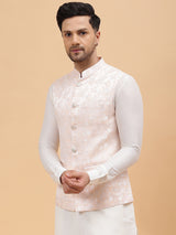 Men Peach Woven Design Jacquard Nehru Jacket