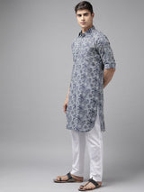 Men Blue Regular Pure Cotton Pathani Printed Men's Kurta