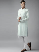 Men Pista Green Cotton Straight Kurta with Slub Effect With Pajama