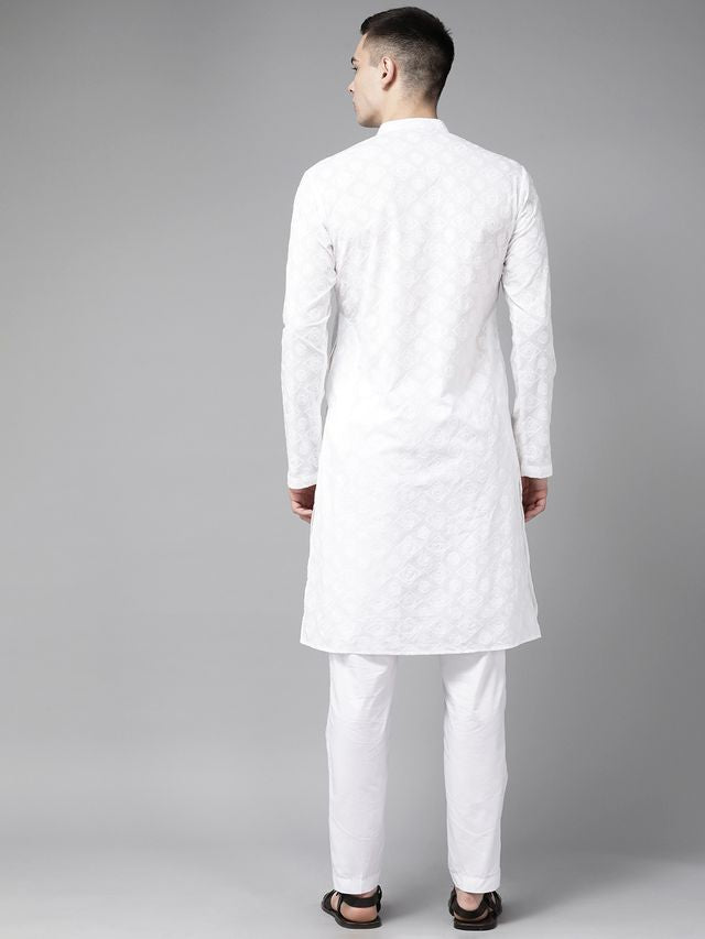 Men White Pure Cotton Chikankari Embroidered Straight Kurta With Pyjama