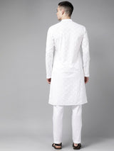 Men White Pure Cotton Chikankari Embroidered Straight Kurta With Pyjama