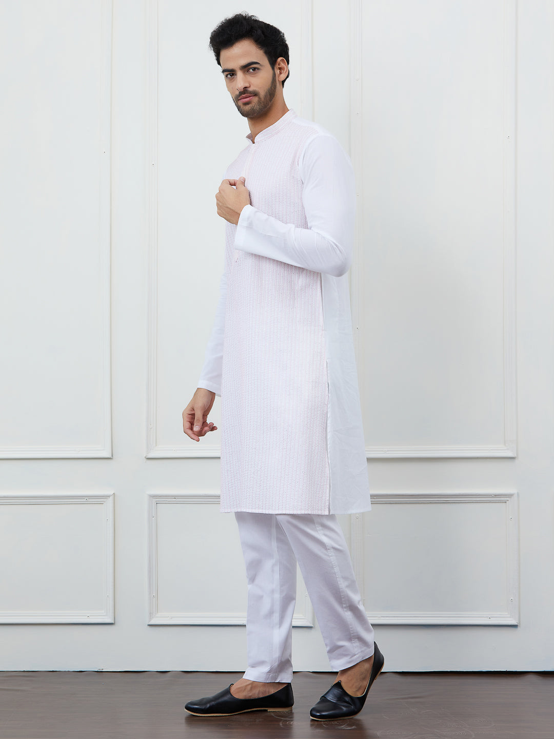 Men Soft White with Subtle Pink Stipes Kurta and Pajama