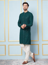 Men Bottle Green Floral Embroidered Sequined Rayon Kurta & Cream Pajama