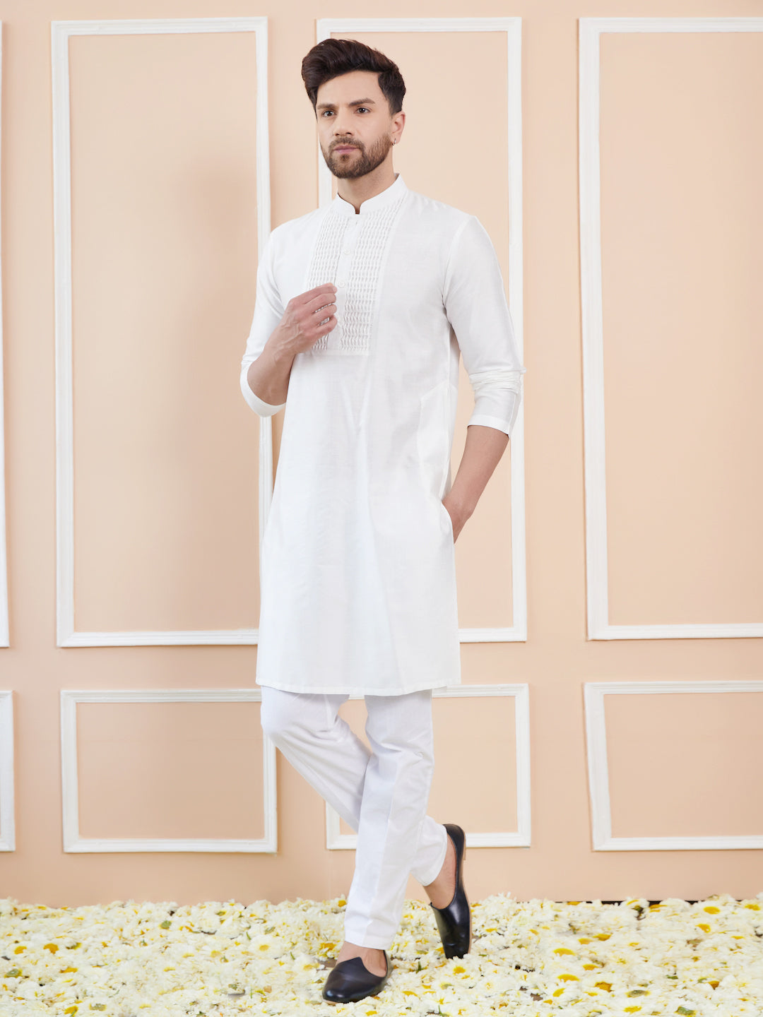 Off White Cotton Solid Straight Kurta with Pintuck Yoke Neck