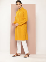 Men Mustard Embroidered Sequin Rayon Kurta