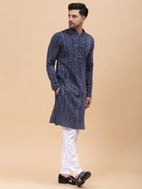 Men Navy Blue Pure Cotton Printed Straight Kurta With pyjama