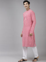 Men Pink And Gold Printed Thread Work Kurta