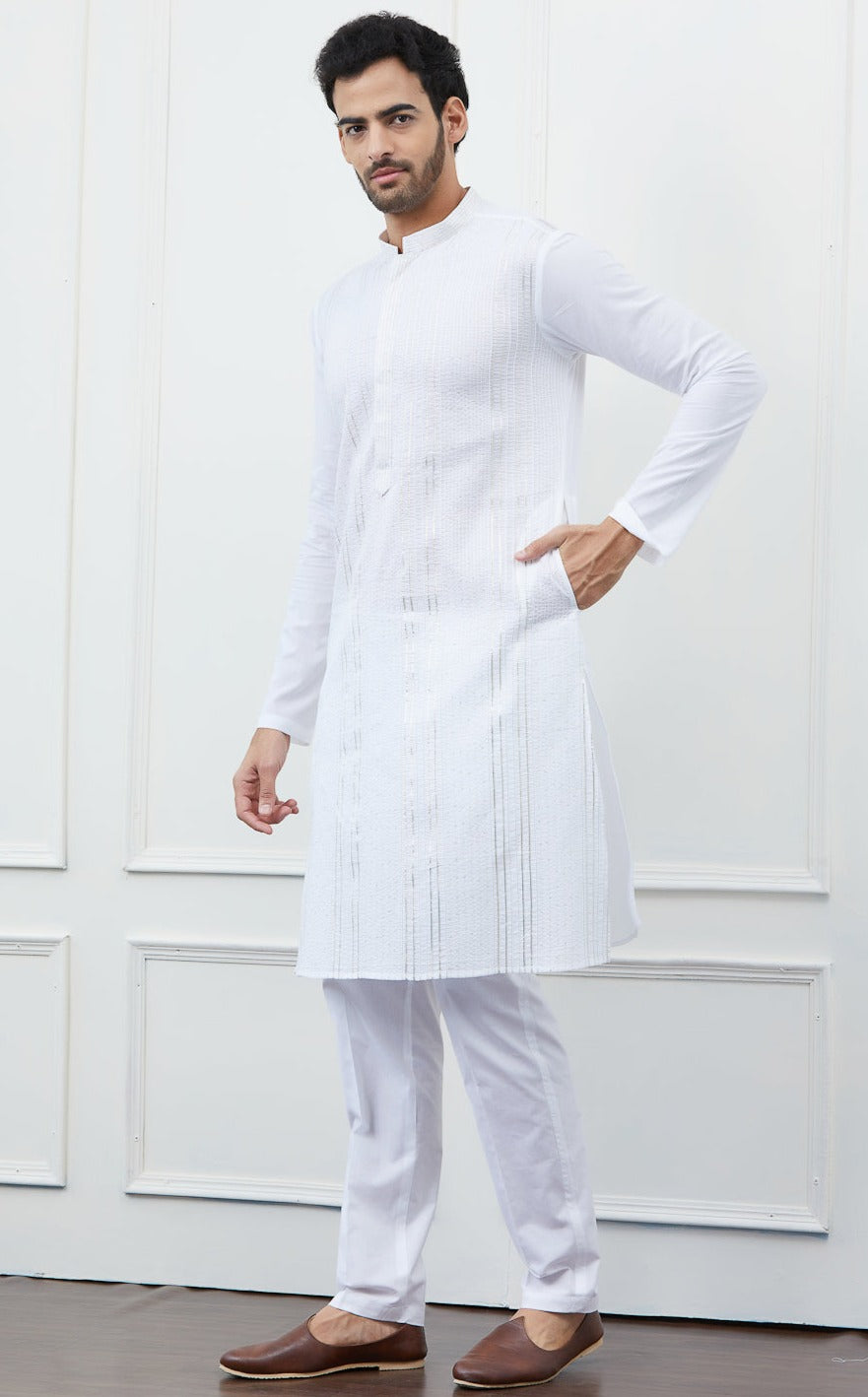 Men White Cotton Kurta With Silver Thread Work