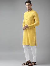 Men Yellow Cotton Straight Kurta with Slub Effect