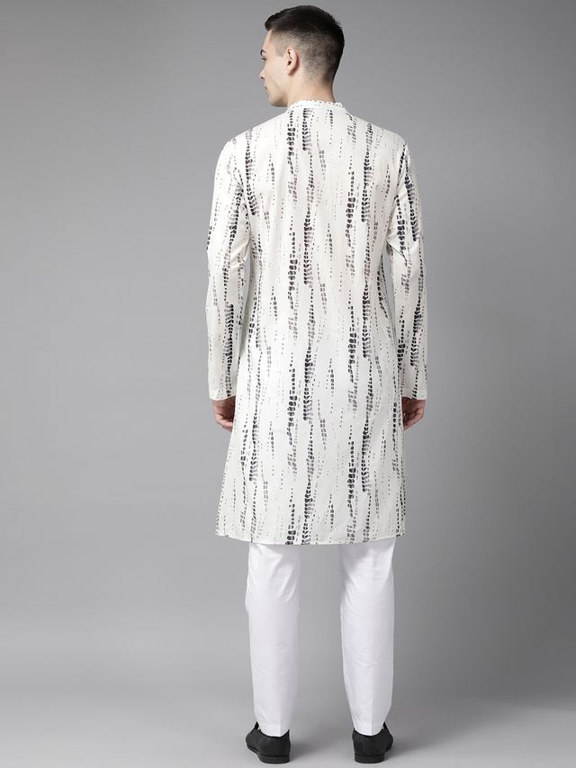 Men White Multi Tie and dye Print Design Straight Kurta With Pyjama