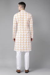 Men White & Yellow Stripe Printed Straight Kurta With Pyjama