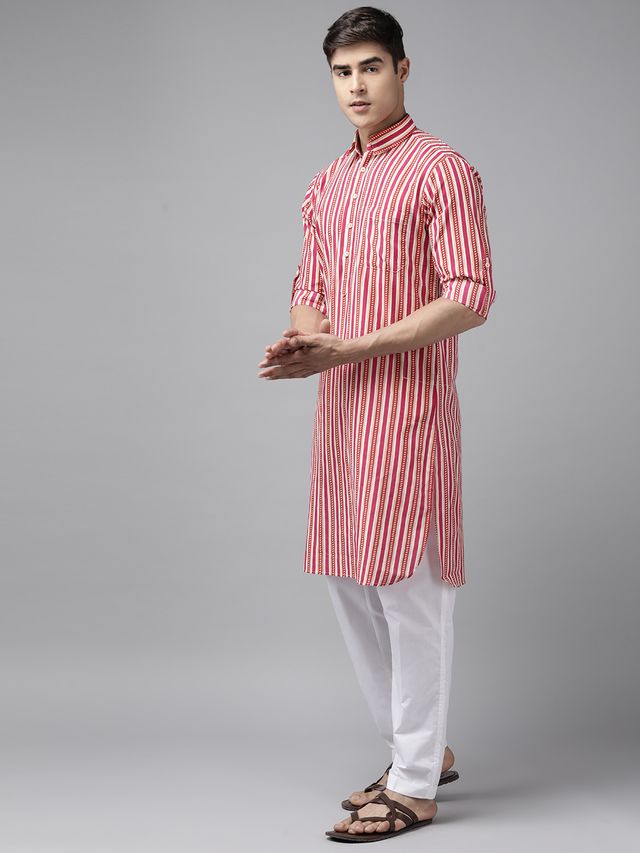 Men Fuchsia Pink Regular Pure Cotton Pathani Printed Men's Kurta