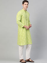 Lime Green & White Printed Straight Kurta With Pajama