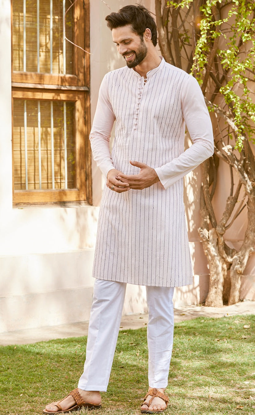 Men Soft Pink with Midnight Stripes Cotton Pintex Design Sequins Kurta