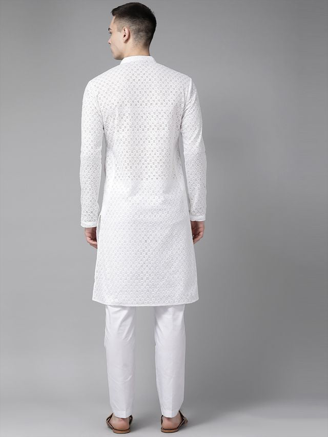 Men White Embroidered Chikankari Pure Cotton Straight Kurta With Pyjama