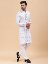 Men White & Black Pure Cotton Embroidered Straight Kurta