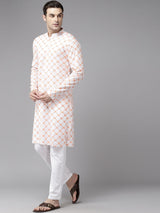 Men White with Orange Floral Pattern Pure Cotton Embroidered Straight Kurta With Pajama