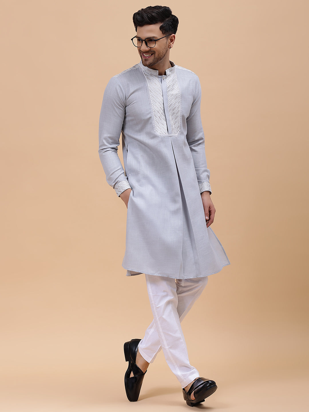 Men Grey Zari Wark Silk Woven Design Straight Kurta