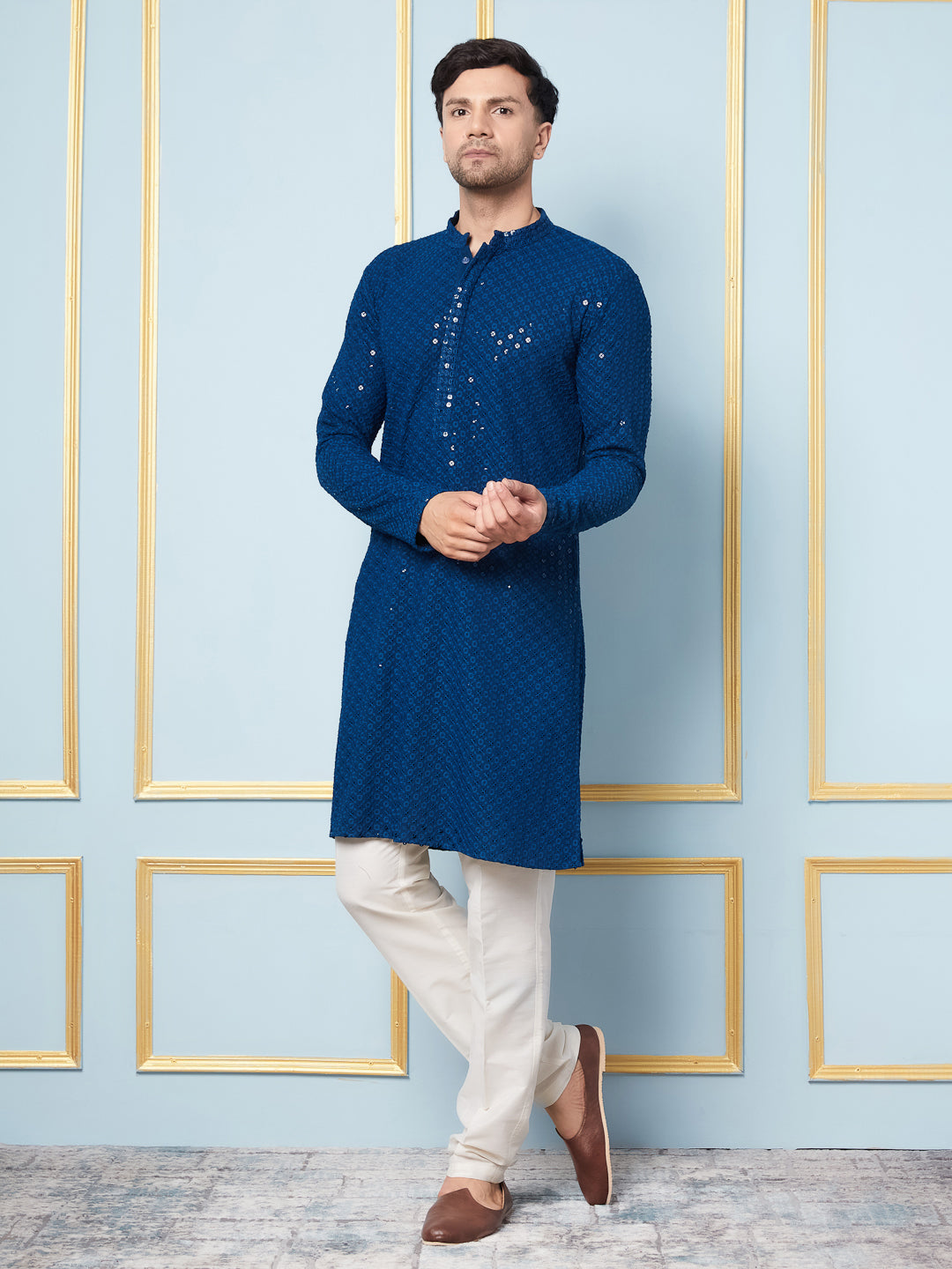 Men Teal Blue Floral Embroidered Sequined Rayon Kurta & White Pajama