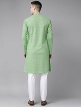 Men Green Pure Cotton Chikankari Embroidered Straight Kurta With Pyjama