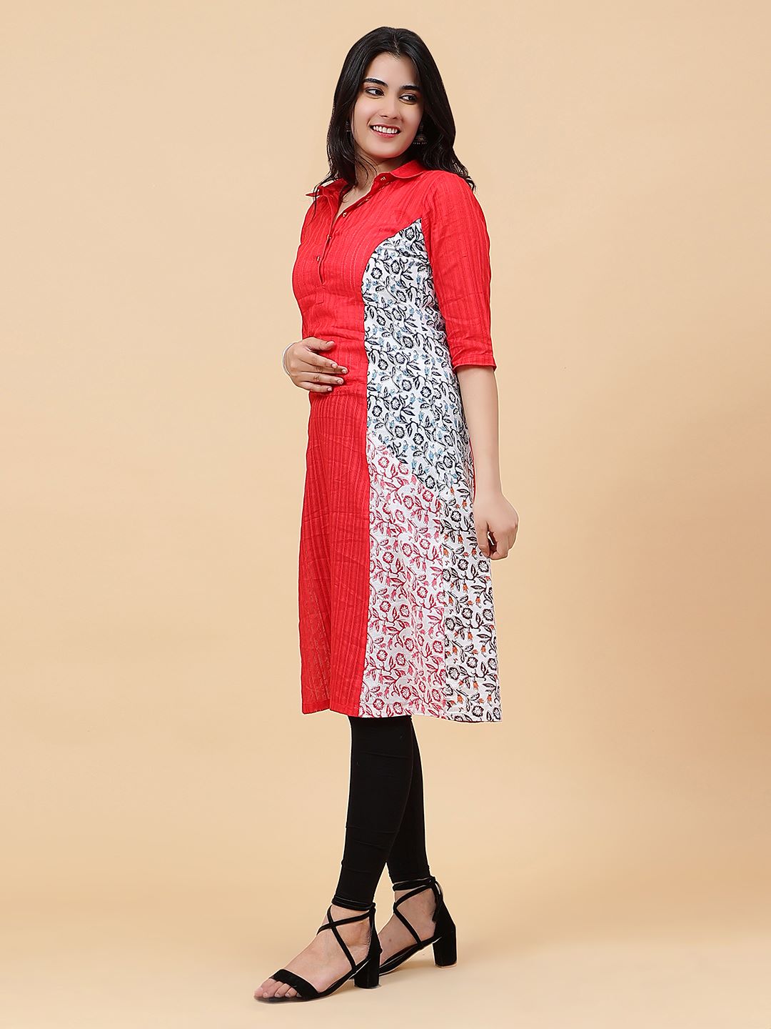 Women Red Princess Panel Side Floral Print Cotton Kurti