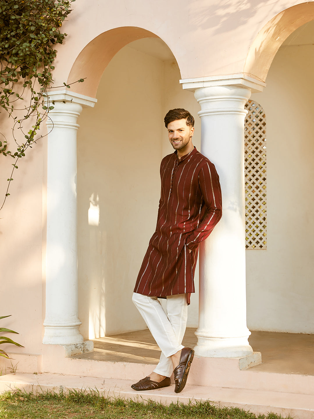 Men Maroon And Gold Chanderi Silk Sequins Kurta