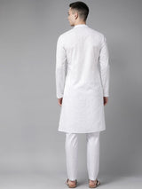 Men White Pure Cotton Chikankari Embroidered Straight Kurta With Pyjama