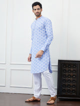 Men Blue And White Embroidered Cotton Kurta