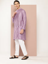 Men Lavender Embroidered Thread Work Chanderi Silk Straight Kurta