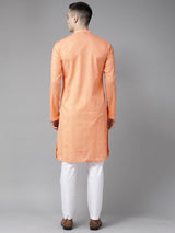 Men Peach Pure Cotton Chikankari Embroidered Straight Kurta With Pyjama