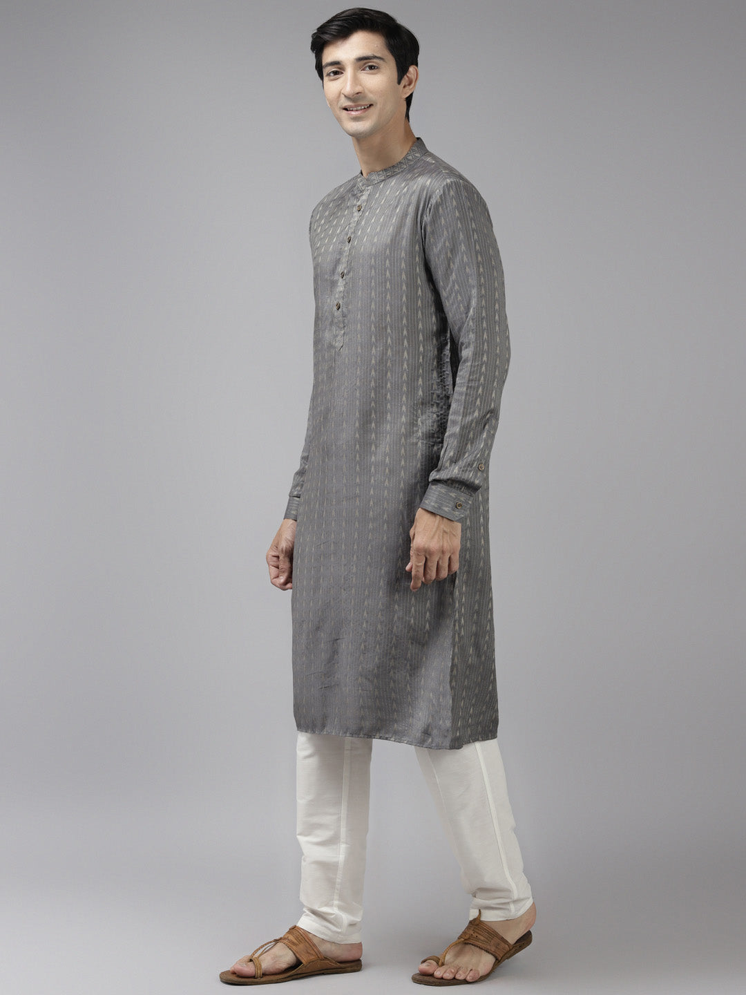 Men Grey & Beige Woven Design Thread Work Kurta