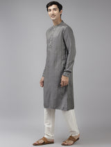 Men Grey & Beige Woven Design Thread Work Kurta