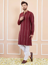 Men Burgundy And Gold Chanderi Silk Sequins Kurta With Pajama