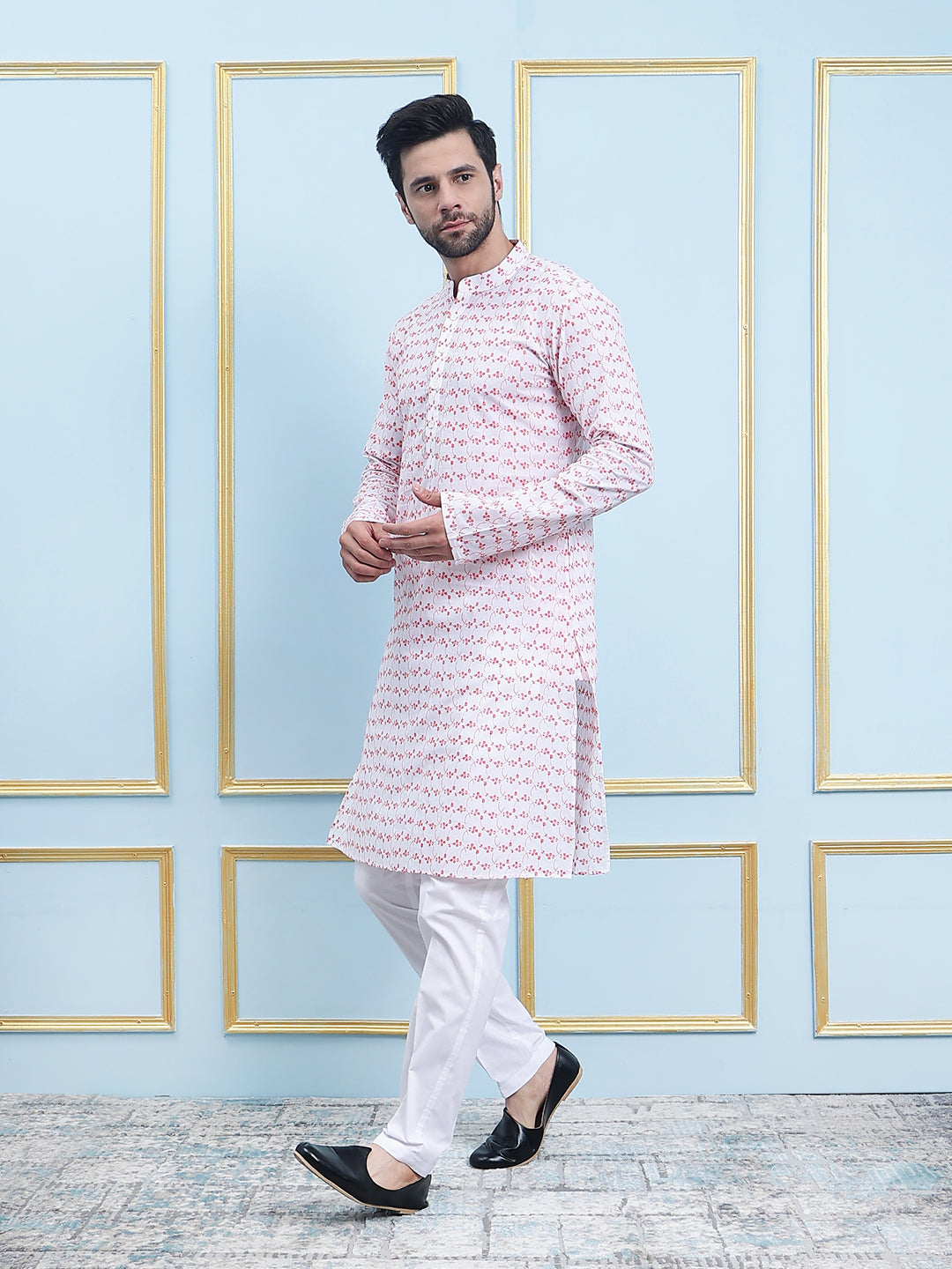 Riwaat.com Men White & Red Chikankari Embroidered Cotton Kurta Riwaat Chikankari Cotton Embroidered