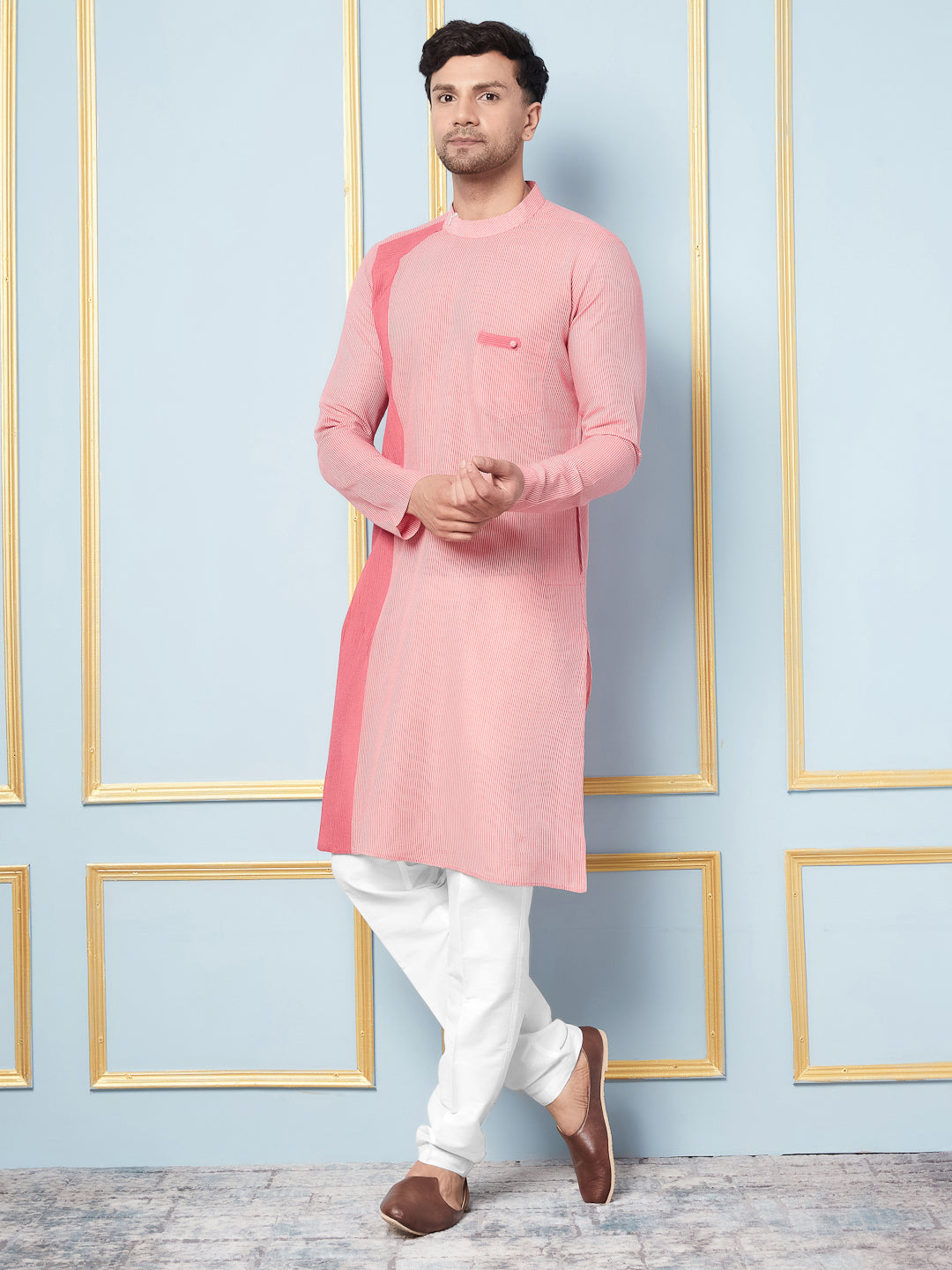 Men Coral and Pink Weaving Design Kurta With pyjama