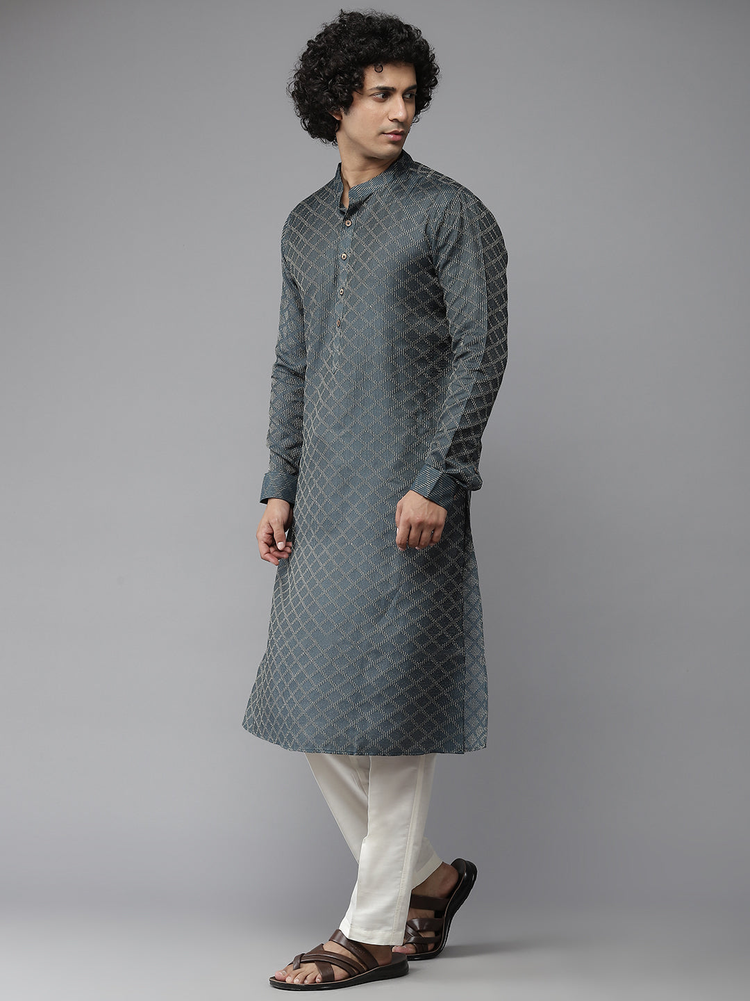 Men Deep Teal with Gold Embroidery Woven Design Kurta With Pajama