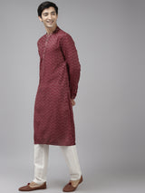 Men Burgundy & Beige Wave Woven Design Thread Work Kurta