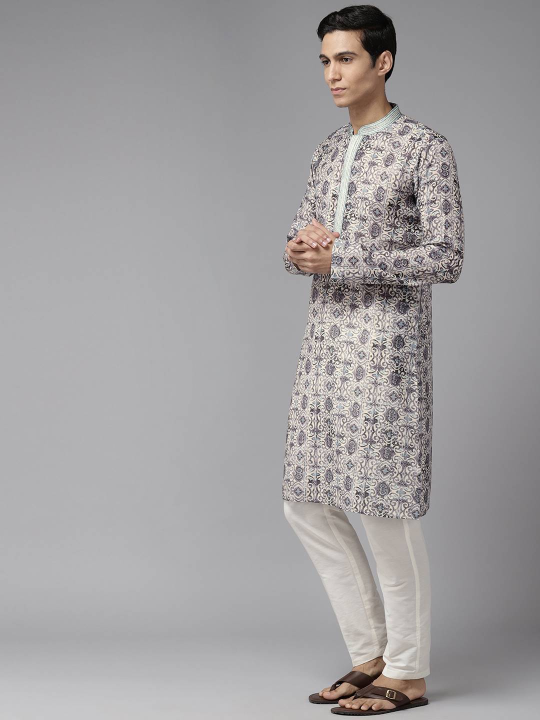 Men Multi Pure Cotton Embroidered Straight Kurta With Pajama