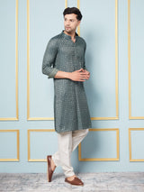 Men Blue & Green Woven Design Thread Work Kurta With pyjama