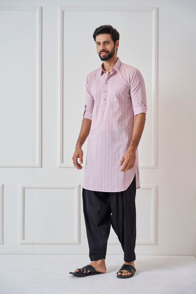 Men Baby Pink Regular Pure Cotton Pathani Kurta