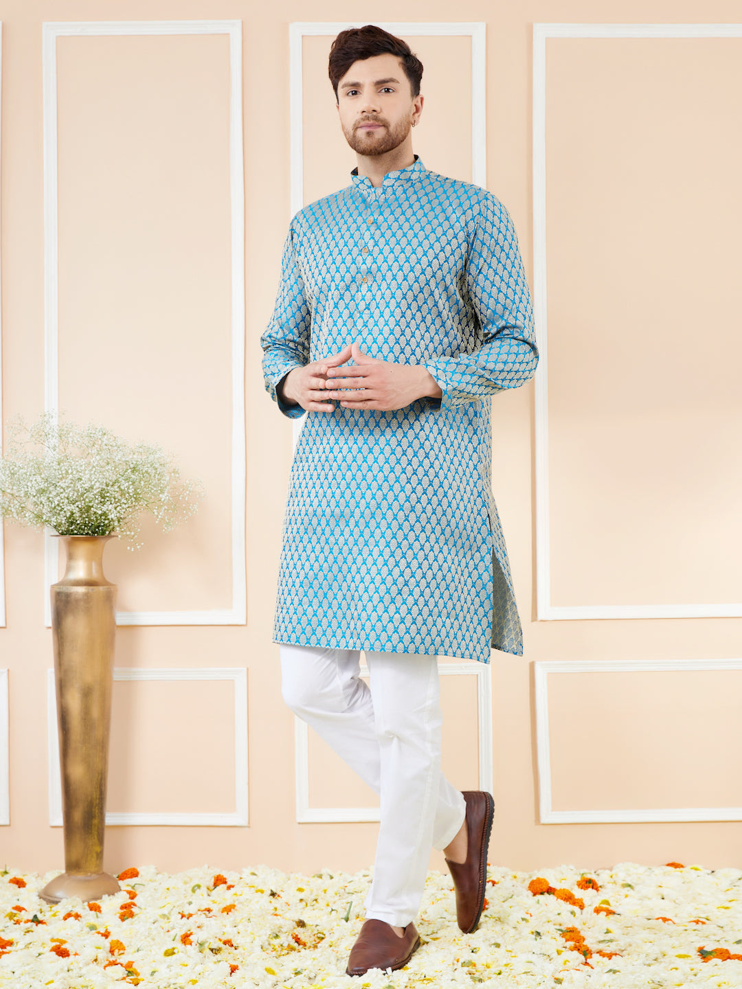 Blue Ethnic Motifs Silk Jacquard Woven Design Straight Kurta with Pyjama