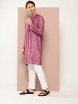 Men Magenta Embroidered Thread Work Chanderi Silk Straight Kurta