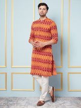 Men Mustard And Orange Ikat Printed Kurta