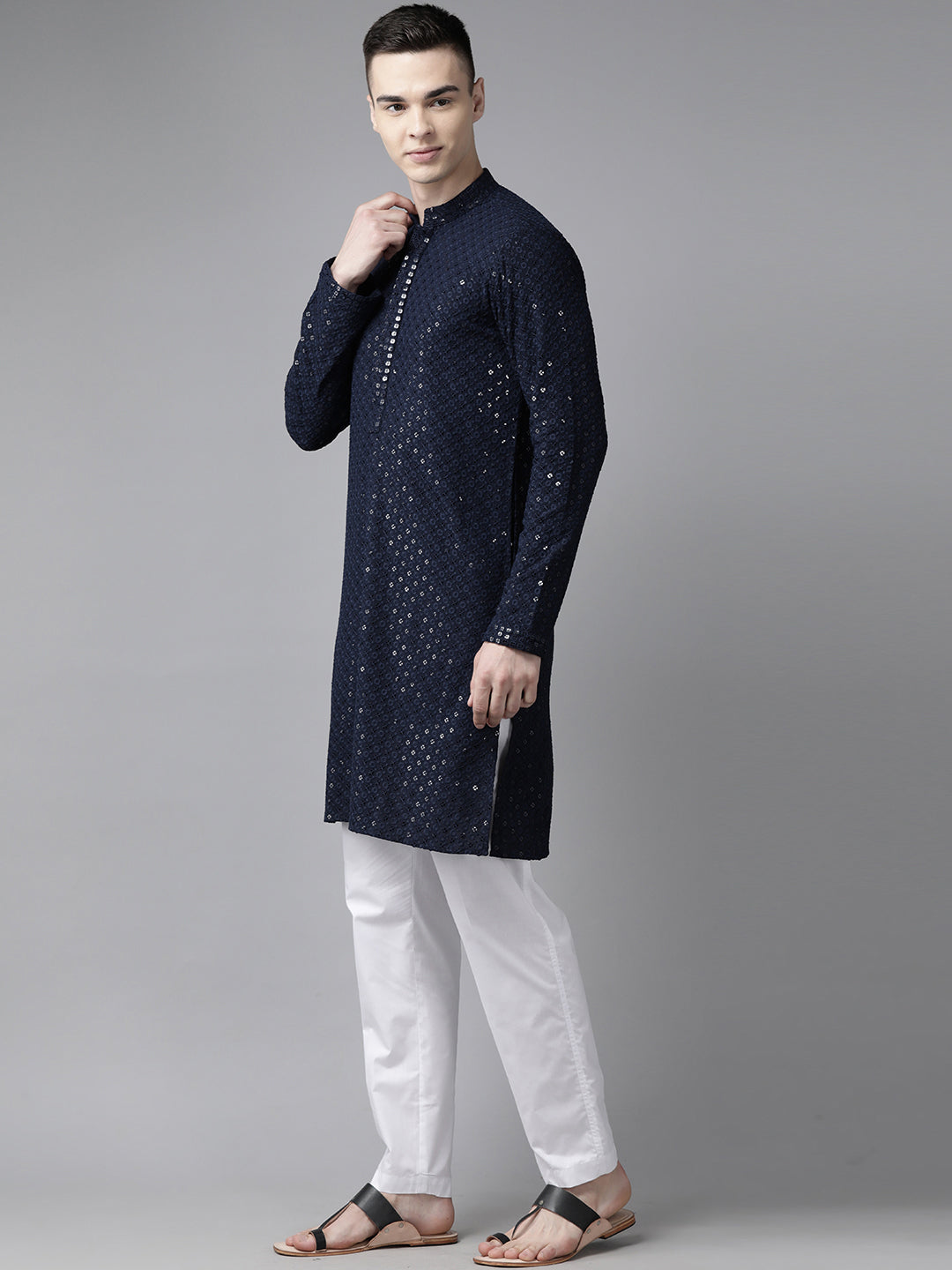 Men Navy Blue Floral Embroidered Sequins Rayon Kurta With pyjama