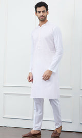 Men White & Pink Thread Work Kurta