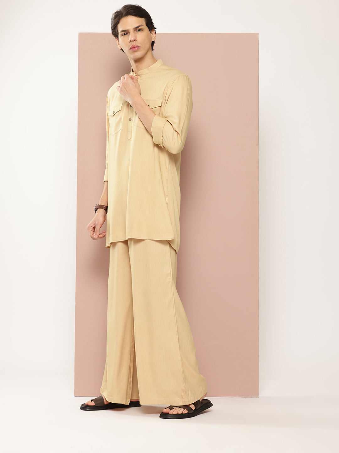 Men Beige Rayon Solid Pathani Sets