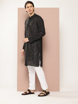 Men Black Embroidered Thread Work Chanderi Silk Straight Kurta