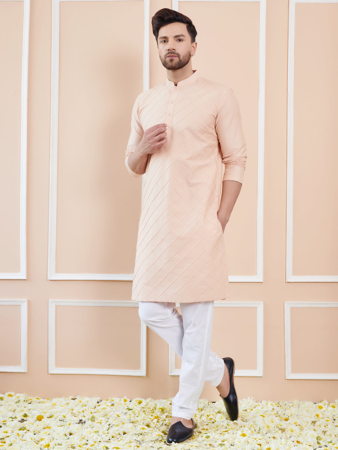 Men Peach Cotton Silk Pintex Design Thread Work Kurta