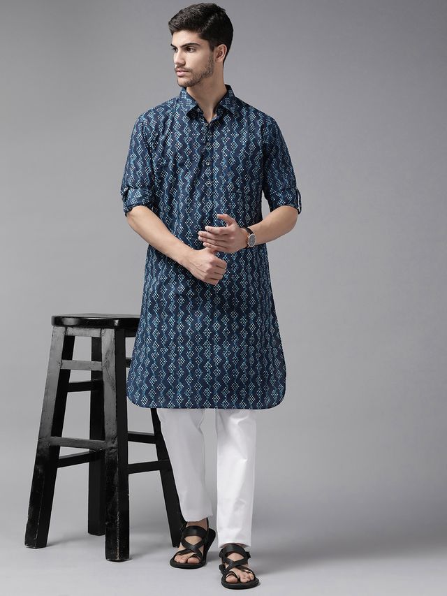 Men Indigo Regular Pure Cotton Pathani Printed Men's Kurta