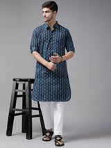 Men Indigo Regular Pure Cotton Pathani Printed Men's Kurta